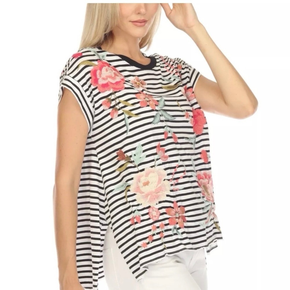 Johnny Was Joya Relaxed Fit Drape Striped Embroidered Floral Boho Cotton Tee‎ XS
